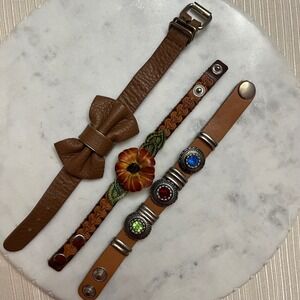 Boho Leather Bracelets Jewelry 3 Piece Set Brown Bow Floral Stone Button Buckle‎
